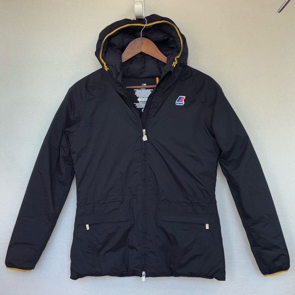 K-WAY Puffer Jacket Coat Down Feathers Women's Black‎ XS Hood Rainbow Stripe NEW - Picture 3 of 16
